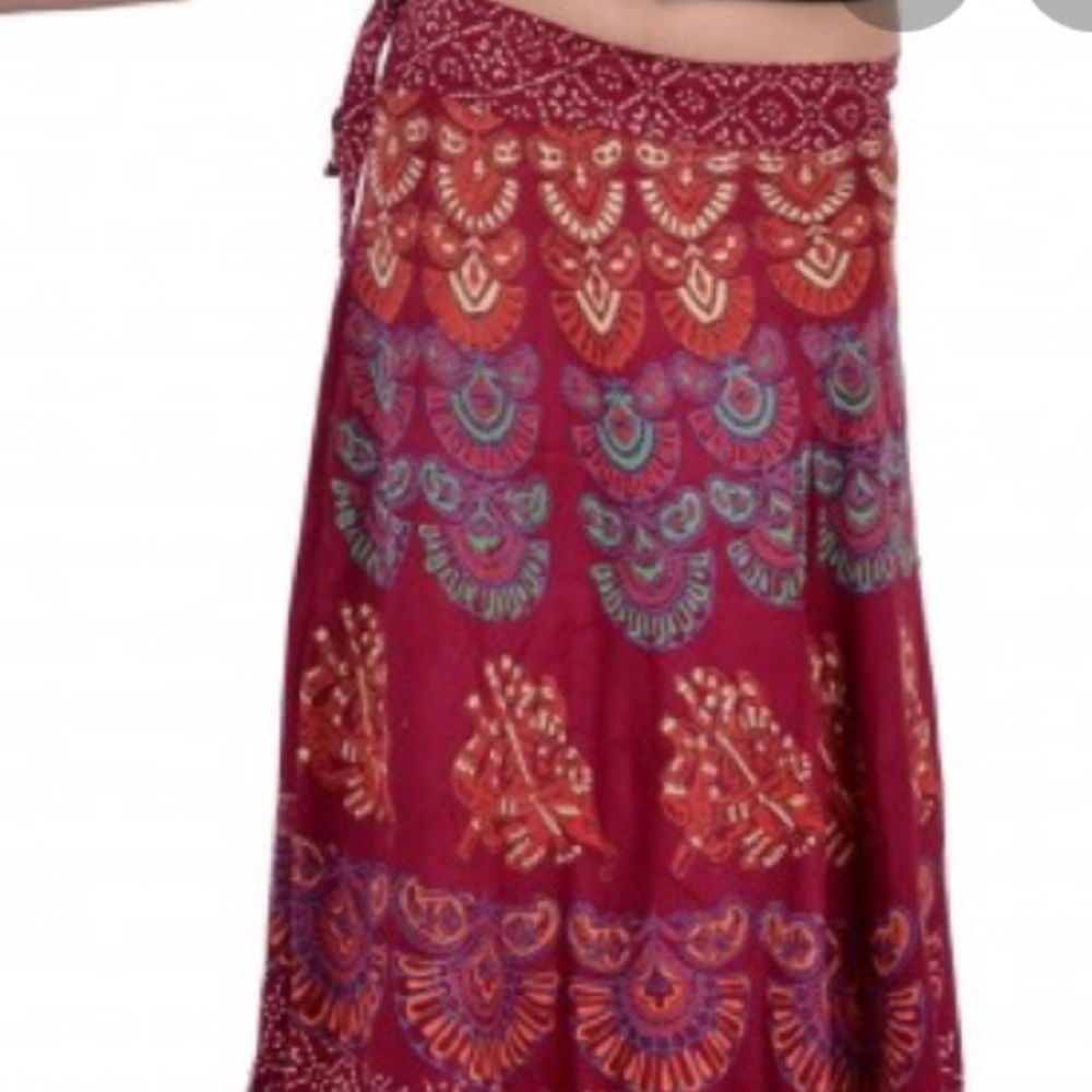 Burgundy Mandala Wrap Skirt Midi